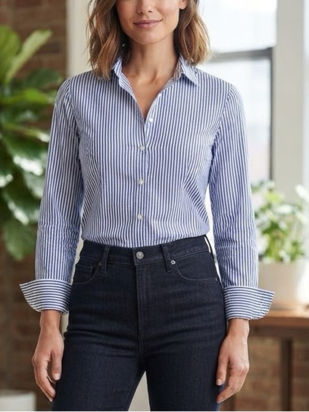 Banana Republic Riley Shirt Blue White Striped Tailored Button Down Blouse Sz 6